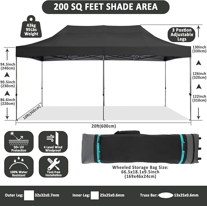 COBIZI 10x20 Pop Up Canopy Without Sidewall,Heavy Duty Canopy UPF 50+ All Season Wind Waterproof Commercial Outdoor Wedding Party Tents for Parties Canopy Gazebo with Roller Bag(10 x 20 ft Black)