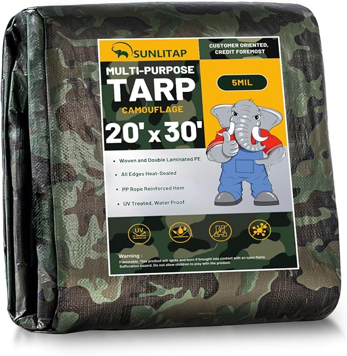 Camouflage Tarp 20x30Ft Waterproof Tarps with Grommets, Multipurpose Finished Size Tarps for Indoor and Outdoor Use, 5 MIL Light Duty Tarpaulin for Car, Camping, Boat, Roof, Protective Cover