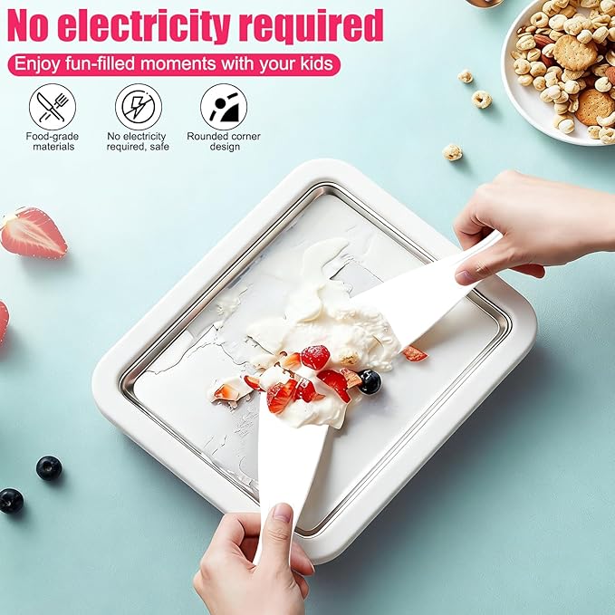 At-Home Rolled Ice Cream Maker Kit,At-Home Instant Freeze Plate with 2 Scrapers,DIY Rolled Ice Cream Tray for Kids & Adults, Ice Cream Cold Plate perfect for Family Fun,Easy Homemade Desserts (White)