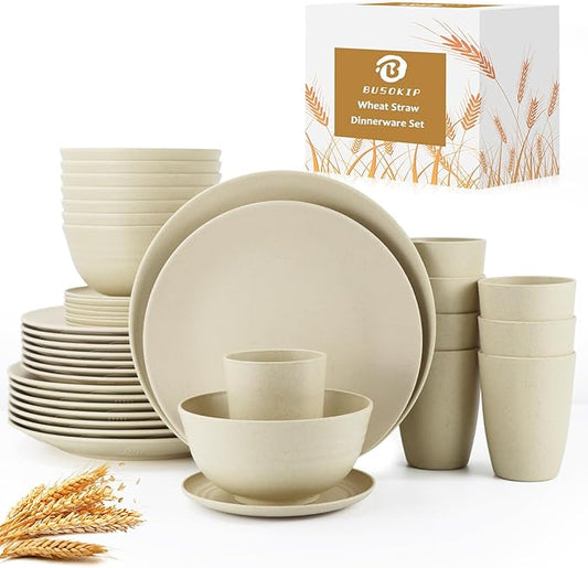 40 Pieces Plates and Bowls Sets, Wheat Straw Dinnerware Sets for 8, Dinner Plates, Cereal Bowls and Drinking Cups, Unbreakable and Reusable Plastic Dinnerware Sets (Beige)