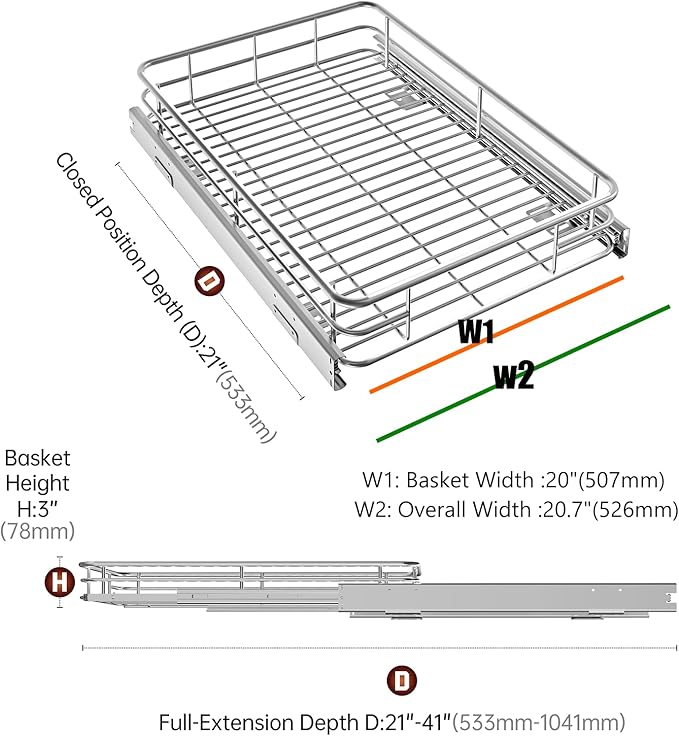 Pull Out Cabinet Organizer (20" W x 21" D), Put Out Shelves for Kitchen Cabinets, Roll Out Drawers Heavy-Duty Metal Sliding Shelf, Bottom Mount