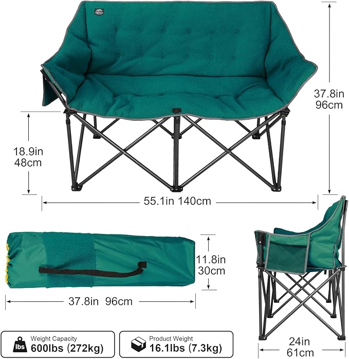Fuzzy Oversized Folding Double Camping Chairs,Heavy Duty Supports 600 Lbs,Comfy Portable Loveseat for Adults w/Mesh Pocket,Plush Fleece-Lined Lawn Couch for Outdoor/Indoor,Dark Green