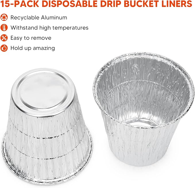 Stanbroil 15 Pack Grease Bucket Liners for Traeger Grills, Disposable Aluminum Drip Tray Liner for Traeger Pro 575/780, 20/22/34/ Series, Ironwood 650/885, 4.9" x 4.5"