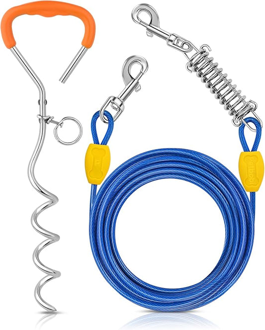 Petbobi Dog Tie-Out Cable and Stake - 20ft Heavy Duty Cable with Spring, No Tangle, 16in Ground Stake, Ideal for Yard, Camping and Beach, Suitable for Small Medium Large Dogs Up to 120 lbs, Blue