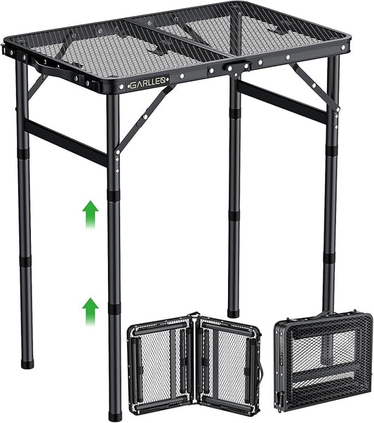 GARLLEN 2ft Folding Grill Table, 3 Adjustable Height Lightweight Camping Table with Heat-Resistant Mesh Desktop, Portable Aluminum Outdoor Tables for BBQ, Camping, Picnic, 22.8" L x 15.7" W, Black