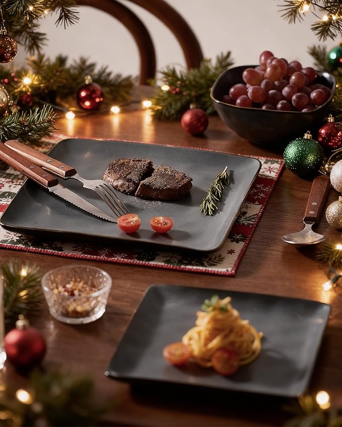 Famiware Dinnerware Sets for 4, Ocean Square 12-Piece Kitchen Plates and Bowls Sets, Microwave and Dishwasher Safe, Scratch Resistant, Matte Black