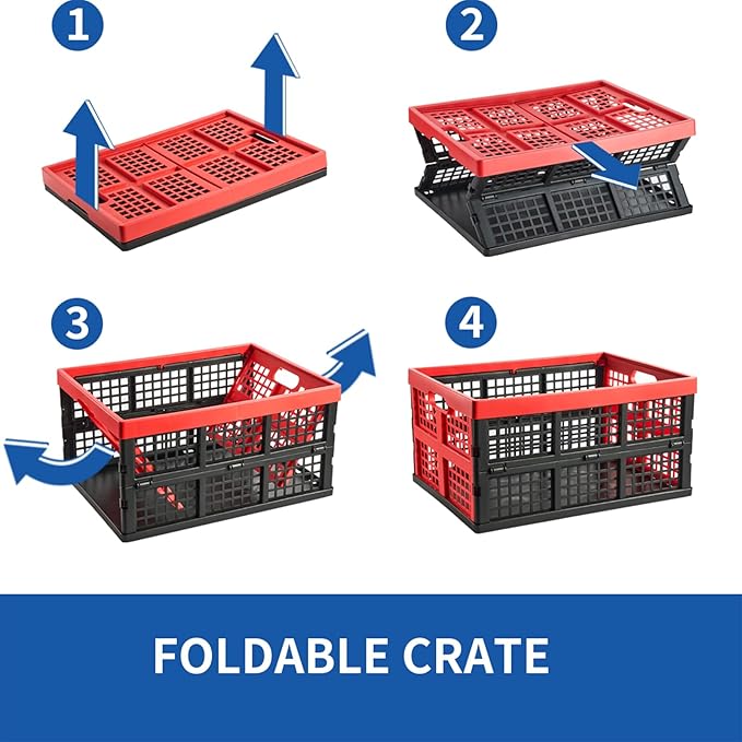 3-Pack Plastic Collapsible Storage Crates-30L,Foldable Plastic Crates for Storage (Black+Red)