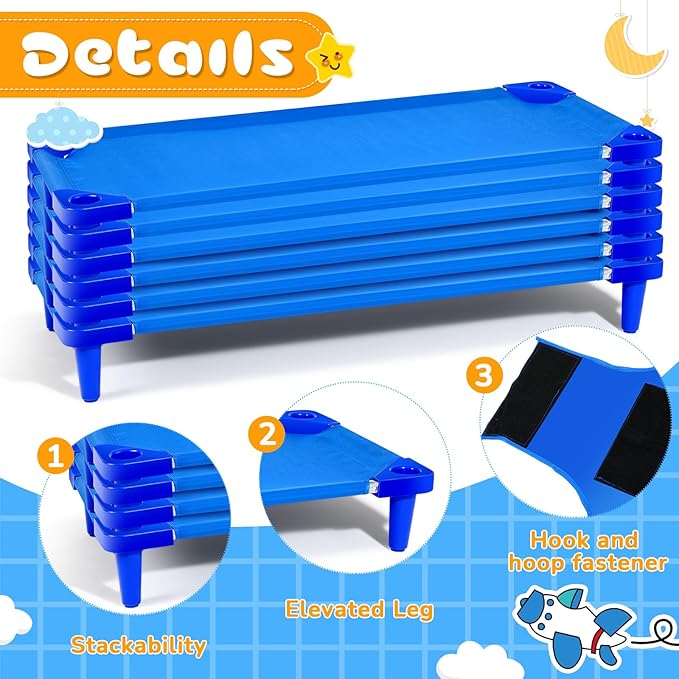 8 Pcs Stackable Daycare Cots for Toddler 54" l x 23" W Kids Cots for Sleeping Portable Kids Bed Furniture Bed Frames Headboards Footboards for Classroom Preschool (Blue)