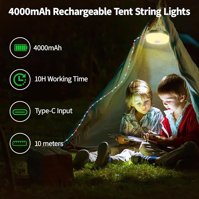 Camping String Lights, 4000mAh Rechargeable Tent Lights String with 13 Lighting Modes, 32.8ft Retractable Waterproof Camp Light, Outdoor Portable Camping Lights for Tent, Travel, Garden Decoration