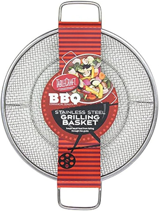 TableCraft BBQ Stainless Steel Cast Iron 16-Inch Round Grilling Basket, Small, Silver