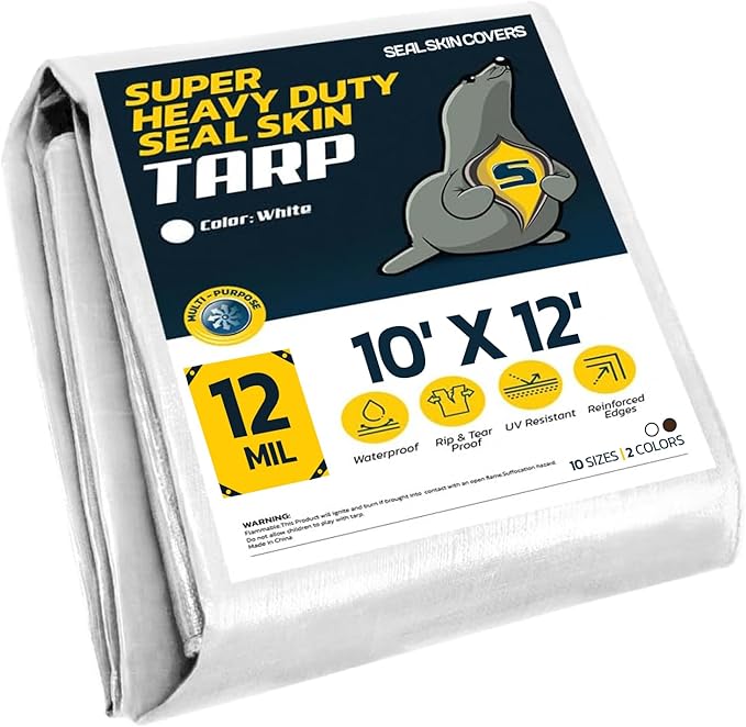 Seal Skin Covers Heavy Duty Waterproof Tarp 10x12 FT, 12 Mil 8 OZ 120 GSM Thick White Poly Tarp with Rustproof Grommets, Tear-Proof Cover with Reinforced Edges for Camping, Pool, Canopy Use