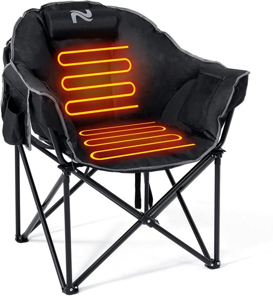 NAIZEA Heated Camping Chair, Oversized Heated Folding Outdoor Chair for Adults with 3 Heat Levels, Portable Foldable Patio Lounge Chair for Sports Outdoors Camp, Battery NOT Included
