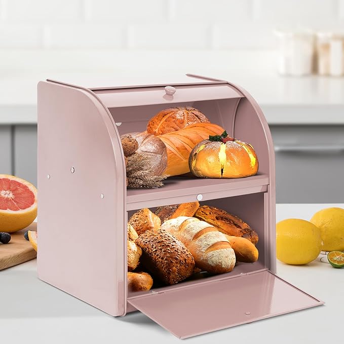 Bread Box, Metal Bread Box For Kitchen Countertop, Bread Storage Container Holds 2 Loaves Of Bread, High Capacity Breadbox, Bread Holder Suit Farmhouse Kitchen Decor For Counter (Pink)