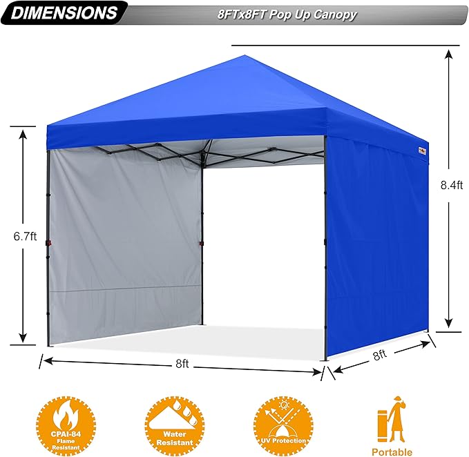 ABCCANOPY Easy Pop up Canopy Tent with 2 Sidewalls for Outdoor Sun Blocking or Rain Protection, 8x8, Royal Blue
