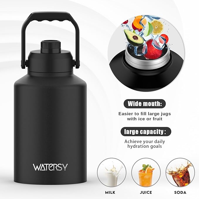 1 Gallon Water Bottle Insulated(Cold for 48 Hrs),BPA Free&Leak Proof,128oz Stainless Steel Water Jug with Handle for Gym,Hiking,Camping&Travel,Black Large Thermo
