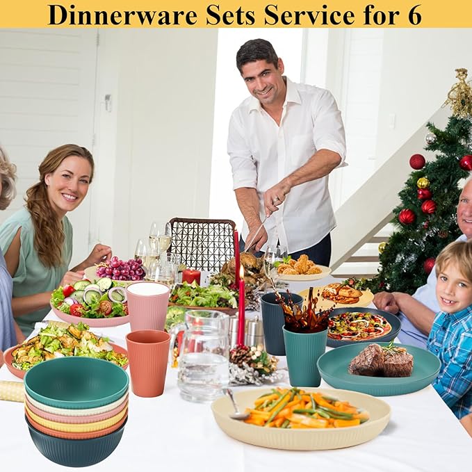 18PCS Wheat Straw Dinnerware Sets Unbreakable Dinnerware Sets Reusable Cups Plates and Bowls Sets Microwave Dinnerware Set for Kitchen Travel Camping