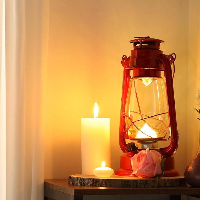 Hortsun 6 Pcs 12 Inch Vintage LED Hurricane Lantern Metal Red Outdoor Battery Operated Hanging Lantern with Warm LEDs and Dimmer Switch for Indoor Rustic Farmhouse Country Camping Decor