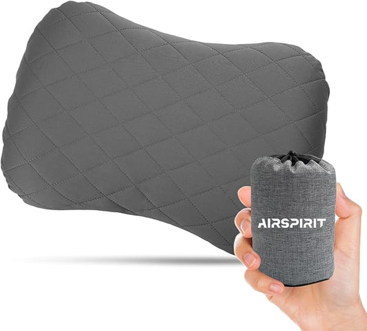 AIRSPIRIT Inflatable Camping Pillow Ultralight Adjustable Firmness, TPU Travel Pillow for Neck & Lumbar Support, Hiking, Backpacking, Airplane, Car Travel & Beach with Removable Washable Cover (Grey)