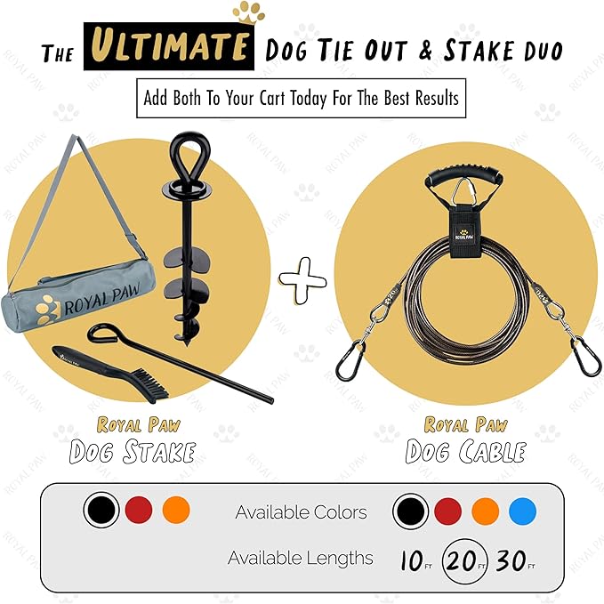 ROYAL-PAW Dog Tie Out Cable - Tie Out Cable for Dogs (up to 300 lbs) - Use Dog Tie-Outs & Stakes for Outside - Best Heavy Duty Dog Leash for Large Dogs (20ft - Black Onyx)