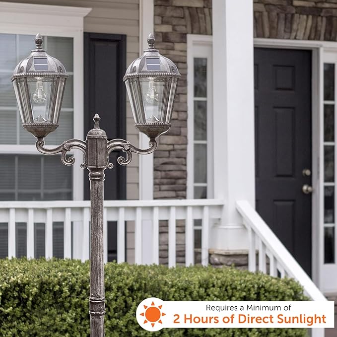 Gama Sonic Outdoor Solar Lamp Post Light Kit, Royal Bulb 300 Lumens, Double Head Weathered Bronze Cast Aluminum Post Lamp and Light Pole, Warm White Light 2700K, 98B302 (Upgraded Battery and Panel)