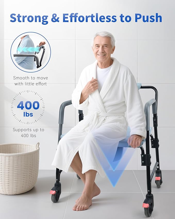 Sangohe Bedside Commode, Portable Toilet for Elderly, Rolling Commode with Wheels, Rear Locking Wheels, Bariatric Bedside Commode, 7-qt Commode Bucket Included, Extra Wide Seat, 601A