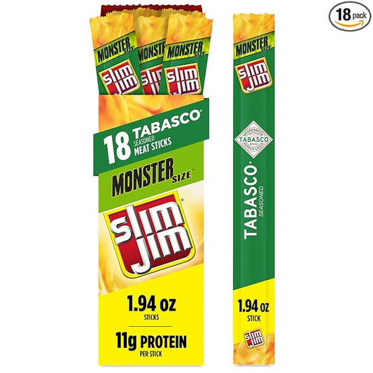 Slim Jim Monster Smoked Meat Sticks, Tabasco Flavor, High Protein, 1.94 oz. (18 Count)