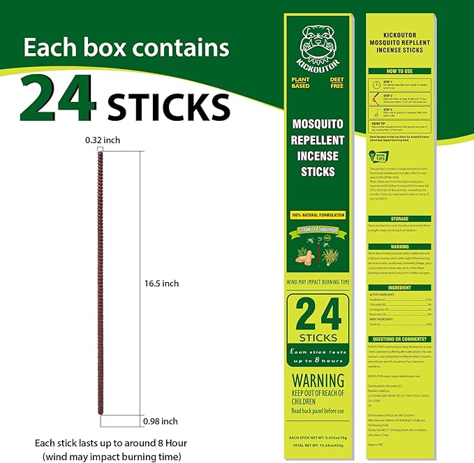 KICKOUTOR® Mosquito Repellent Incense Sticks 24 Count Jumbo, 8-Hour Deet Free Bug Protection Each, Made with Natural Citronella Essential Oils and Sandalwood for Outdoor Patio Backyard Camping