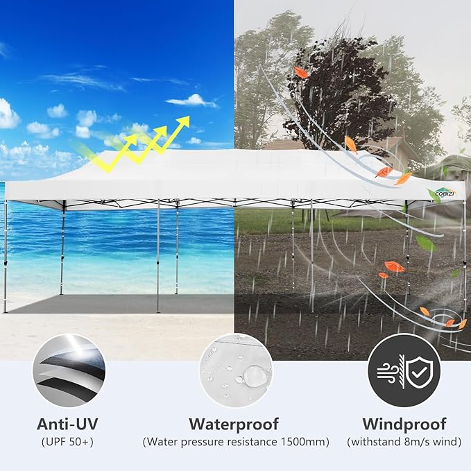 COBIZI 10x30 Pop up Canopy, Heavy Duty Outdoor Party Tents for Parties, Ez up UPF 50+ Waterproof Commercial Canopy with Wheeled Bag can fold, White(Windproof Upgraded)