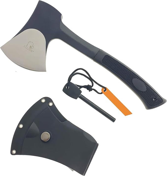 K-Musculo Otakumod 11" Tactical Ranger Axe. Hatchet. Stainless Steel Blade with Hard Cover. for Outdoor Camping - Hiking to Cut Branches, Make Fire. EDC Tasks (Black-Fire Starter)