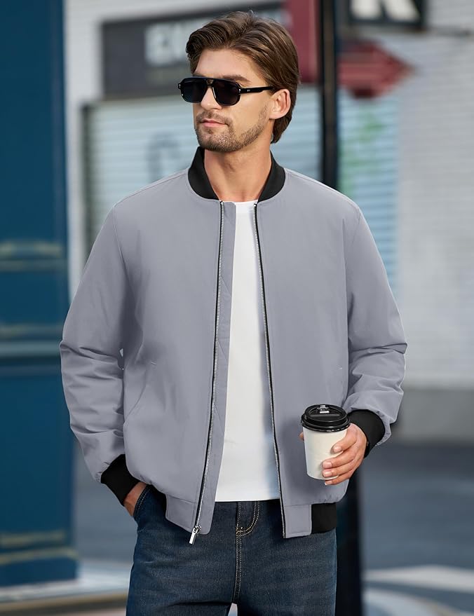 Cotrasen Men's Bomber Jacket Full Zip Windbreaker Warm Winter Windproof Casual Outwear Padded Lined Coats