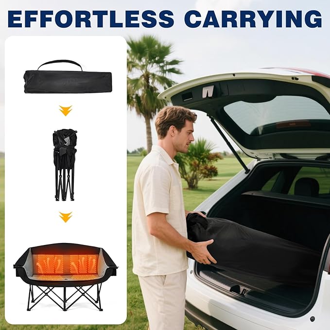 apollo walker Heated Double Camping Chair - Heavy Duty 600lbs Camping Couch with Adjustable Heating, Dual Cup Holder & Carry Bag, Loveseat Camping Chair for Outdoor, Lawn, Concert, Backyard, Park