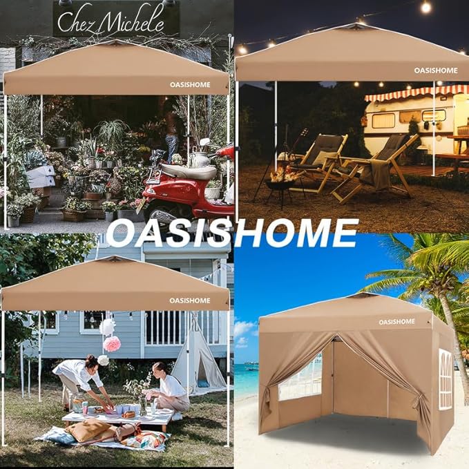 OASISHOME Pop-up Gazebo Instant Portable Canopy Tent 10'x10', Bag, for Patio/Outdoor/Wedding Parties and Events (Khaki, 10X10)