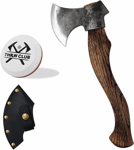 15.1" Hatchet, Camping Axe with 1065 Carbon Steel and Beech Handle, Hand Forged Bushcraft Axe with Leather Sheath for Camping and Survival
