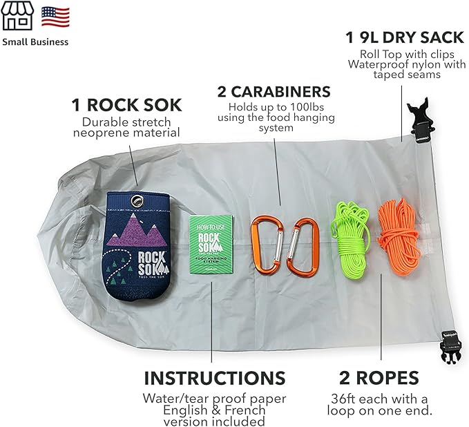 Ultralight Bear Bag Food Hanging System for Camping & Hiking - Waterproof Food Bag with Easy 2-to-1 Pulley, Paracord Ropes, Rock Sok, Carabiners & Instructions