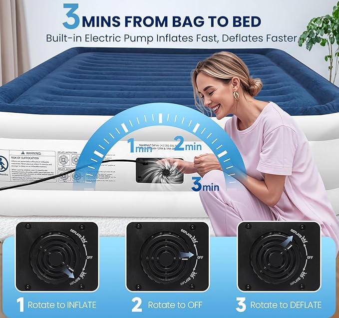 KINGJERRY Queen Air Mattress with Built in Pump, Blow up Mattress Queen 18 Raised Comfort, Upgrade Surface Inflatable Bed, Leak-Proof Air Bed for Home Guests & Camping, 800 lbs Max, 3-Min Inflation