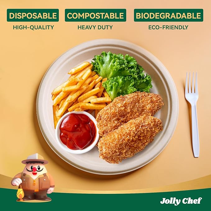 JOLLY CHEF Compostable Heavy Duty Plates 𝟭𝟬 𝗜𝗻𝗰𝗵 [𝟱𝟬𝟬 𝗣𝗮𝗰𝗸] Eco-Friendly Disposable Paper Plates Made of Bagasse Biodegradable Bulk for Party Dinner Sugarcane Fibers Round (Natural)