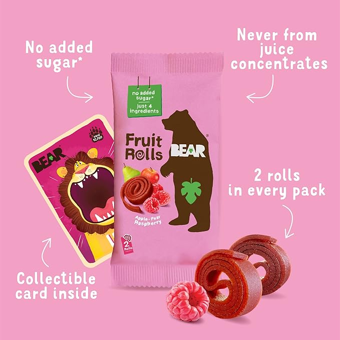 BEAR Real Fruit Snack Rolls - Gluten Free, Vegan, and Non-GMO - Raspberry – 36 Rolls, Healthy School And Lunch Snacks For Kids And Adults, 0.7 Ounce (Pack of 18)
