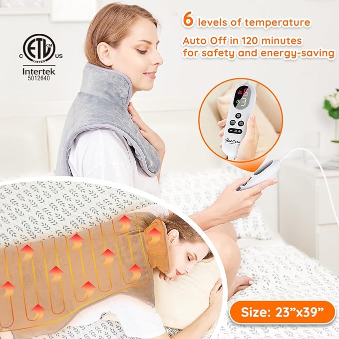 Mia&Coco Electric Heating Pad for Back Neck Shoulders Pain Relief, XL 23"x39" Soft Flannel Wrap, Waist Strap, Fast Heat Hot Therapy 6 Heat Settings, Auto-Off Timer, Machine Washable, Grey