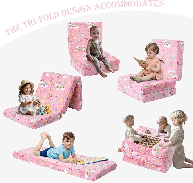 MeMoreCool Glow Pink Unicorn Foldable Floor Mattress for Kids, Trifold Nap Mat for Toddlers, Portable Daycare Sleeping Futon or Floor Bed, 57x22 Inch