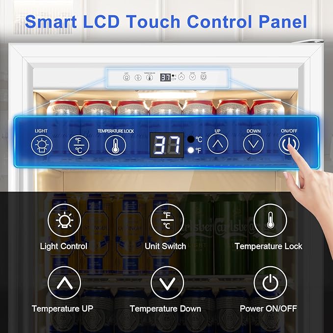 24 Inch Beverage Refrigerator, Undercounter Beverage Fridge, 200 Cans, Glass Door, Reversible Door, Temperature Control, Safety Lock, White, 4.9 Cubic Feet