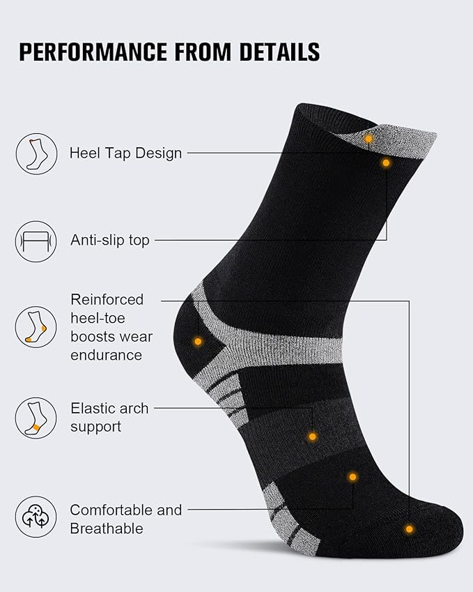 6 Pairs Men's Cotton Crew Work Boot Socks, Moisture Cushioned Athletic Sports Socks for Hiking Running Workout