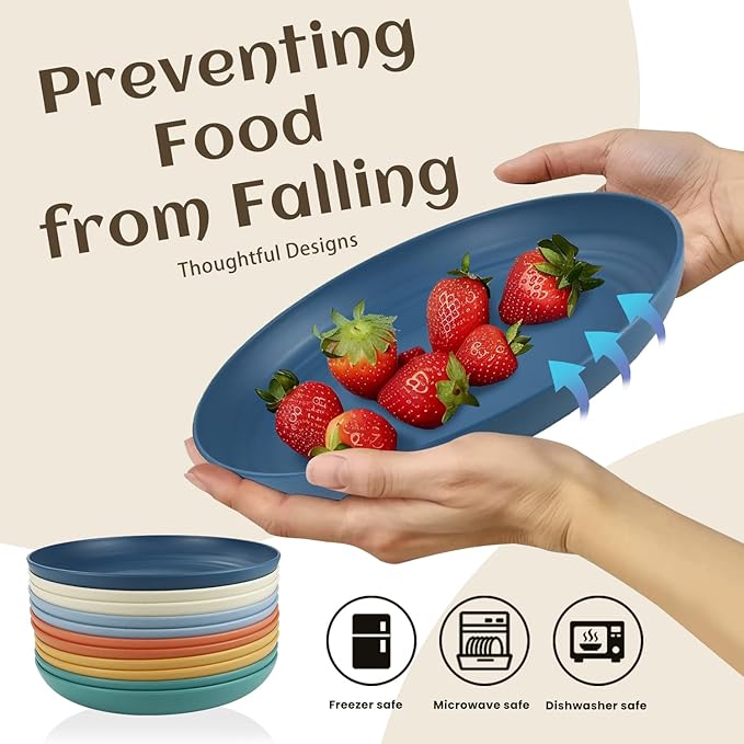 Homienly Wheat Straw Plates, 12-Pieces Unbreakable Dinner Plates - 9 Inch Alternative to Plastic Plates, Unbreakable Microwave and Dishwasher Safe Plate Set for Kitchen, Camping, Party - Multi