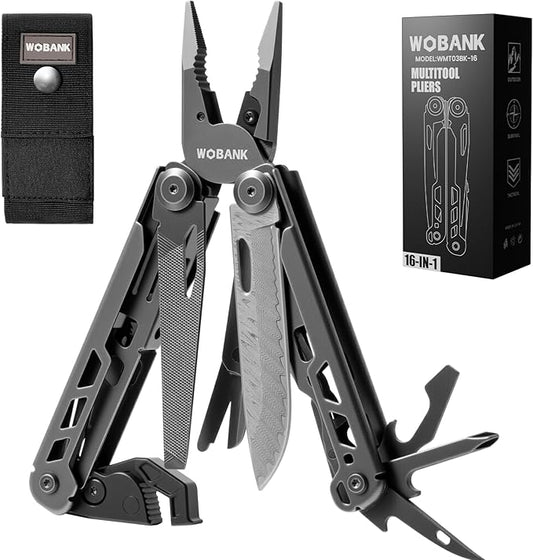 Multitool, 16-in-1 Stainless Steel Multi Tool Pliers with Adjustable Hex Wrench, Damascus Pocket Knife, Nylon Sheath for Survival, Camping and Hunting, Hiking, Simple Repair