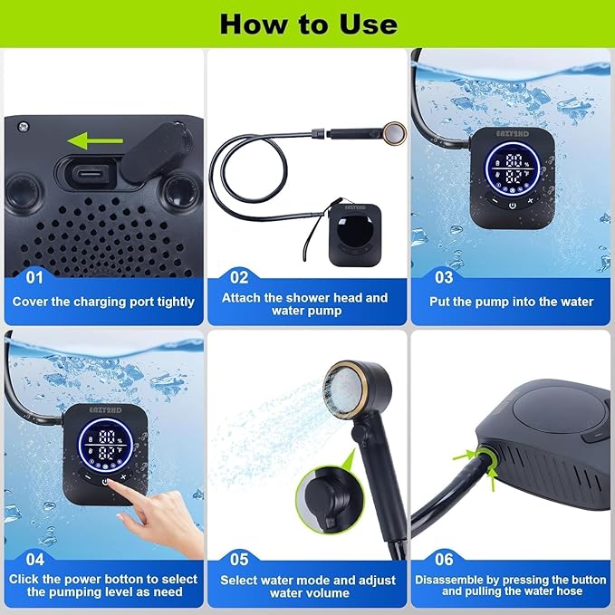 Eazy2hD Portable Camping Shower 8000mAh Rechargeable Outdoor Shower Pump with Intelligent Display, 4 Spray Modes, IPX8 Waterproof for Camping, Hiking, Pet Bath,Car Washing,Surf & Boat Cleaning