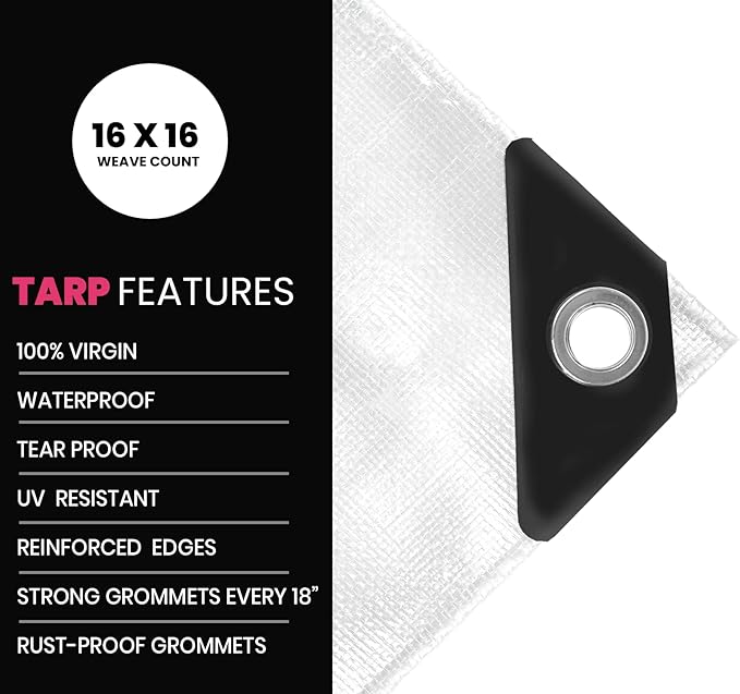 PROTARP Extreme Heavy Duty 22 Mil Tarp Cover, Waterproof, UV Resistant, Rip and Tear Proof, Poly Tarpaulin with Reinforced Edges for Roof, Camping, Patio, Pool, Boat. (White 30′ X 50′)