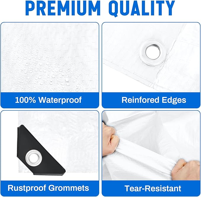 8 Pack 6 x 8 ft 5.5 Mil Large Tarps Heavy Duty Waterproof Tarp Multi Purpose Tent Cover for Home Boats Cars Camping Patio Furniture Roof Emergency Rain Protective Cover, White