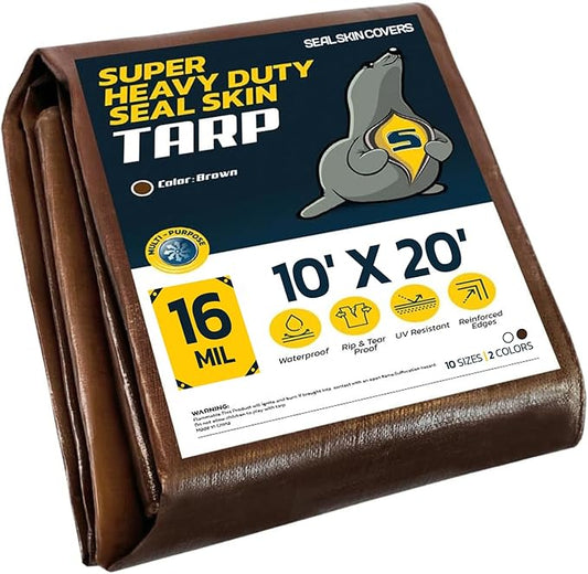 Seal Skin Covers Heavy Duty Waterproof Tarp 10x20 FT, 16 Mil 8 OZ 160 GSM Thick Brown Poly Tarp with Rustproof Grommets, Tear-Proof Cover with Reinforced Edges for Camping, Pool, Canopy Use