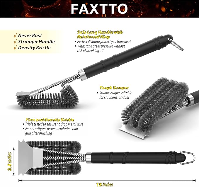 Grill Brush with Extra Strong Long Handle BBQ Cleaner Accessories - Safe Wire BBQ Brush, Triple Barbecue Scrubber Cleaning Brush for Gas/Charcoal Grilling Grates