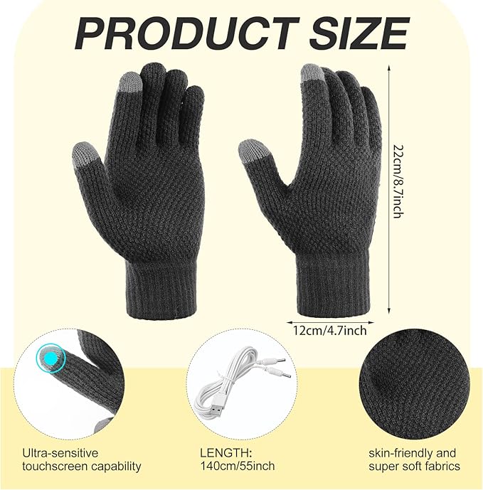Bencailor 2 Pairs Usb Winter Heated Gloves Mitten Hand Washable Knitting Touchscreen Laptop Gloves