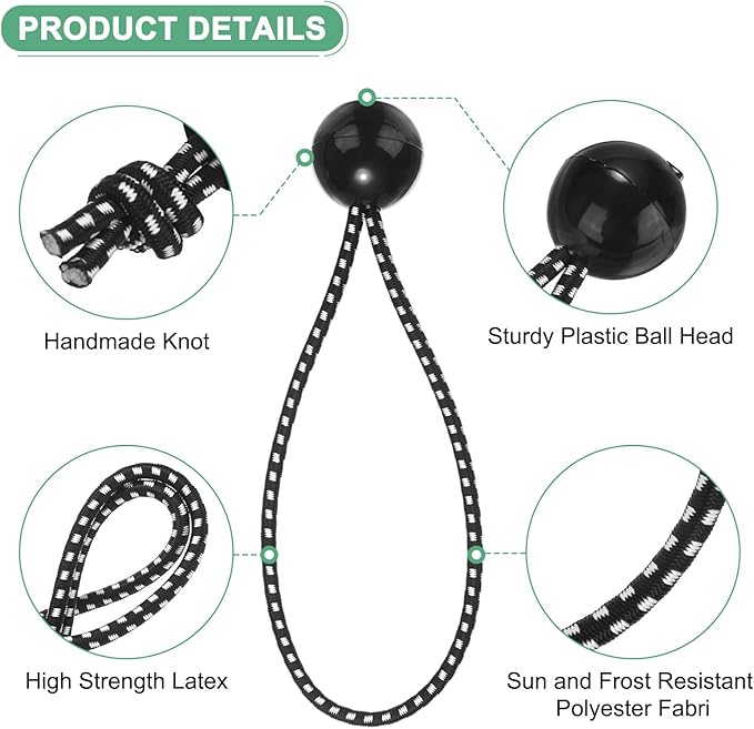 50-Pack Ball Bungee Cords, 6 Inch High Elastic Canopy Tarp Tie Down Bungee Balls for Camping/Tent/Cargo Holding Wire Hoses/Patio Umbrellas/Shelter [Black White]